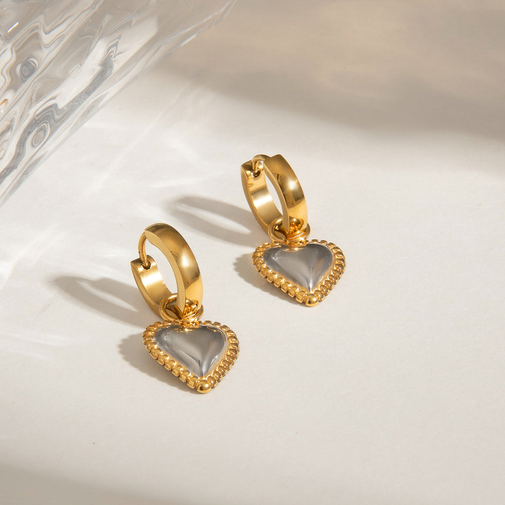 Stainless steel gold and silver color-matched heart-shaped pendant earrings