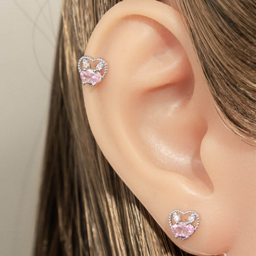 Stainless steel pink heart-shaped rabbit stud earrings, double-ended screw stud earrings