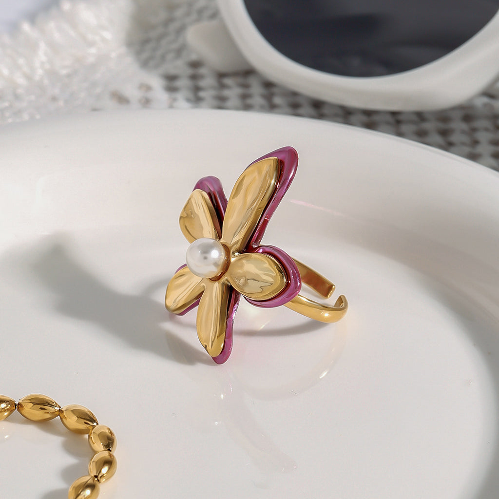 Stainless steel flower pearl ring