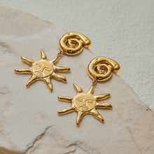 Load image into Gallery viewer, Golden stainless steel sun pendant earrings