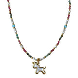 Colorful natural stone imitation pearl beaded unicorn pony pendant necklace