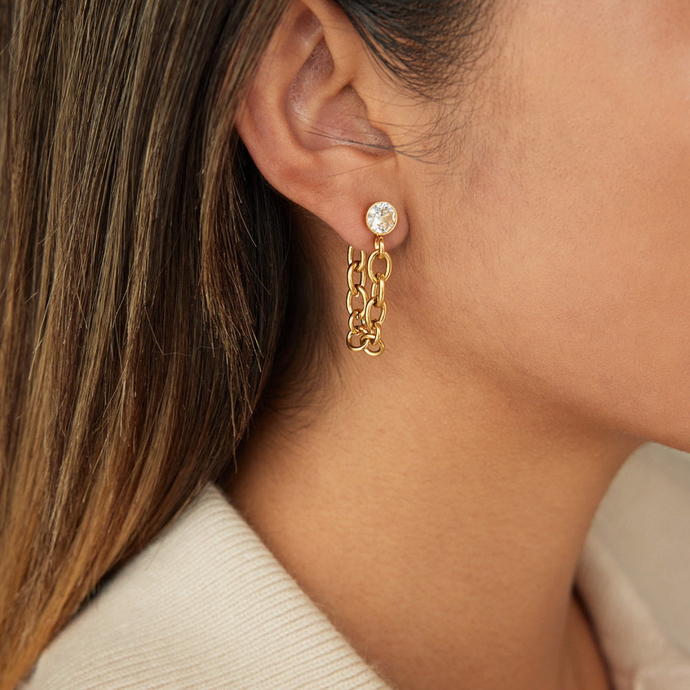 Stainless steel zircon chain tassel earrings