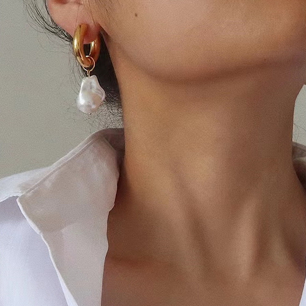 Golden stainless steel Baroque pearl earrings