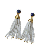 Lapis lazuli white rice bead tassel 925 silver needle earrings
