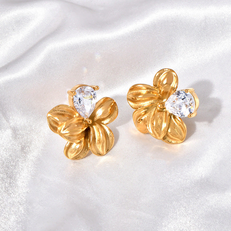 Stainless steel flower-encrusted stud earrings