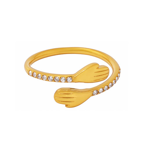 Stainless steel ring with 18K gold plating, palm embrace opening