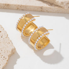 Load image into Gallery viewer, Golden stainless steel wide face pearl inlaid C-shaped earrings