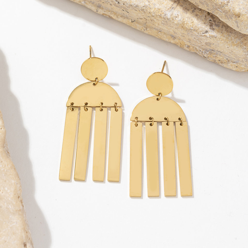 Golden stainless steel long glossy tassel earrings