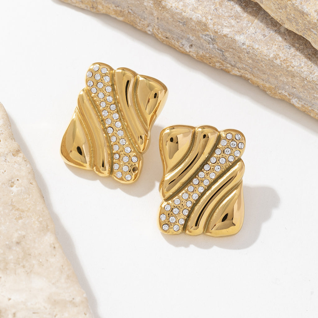 18K gold stainless steel rectangular earrings with zirconium texture inlaid in gold