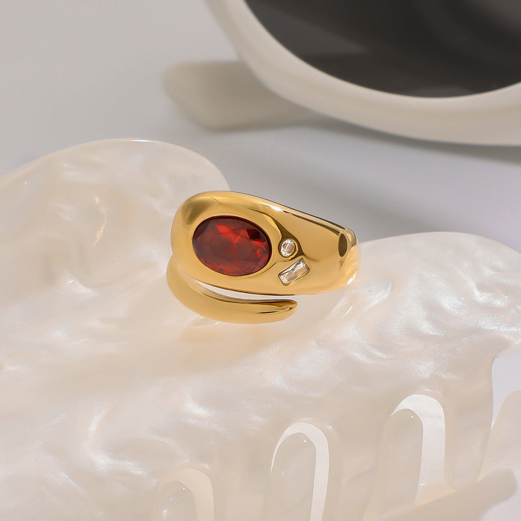 Stainless steel red zircon serpentine ring