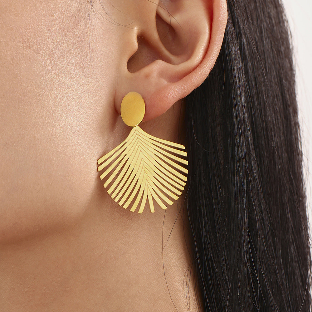 Golden stainless steel ocean beach leaf tree texture earrings