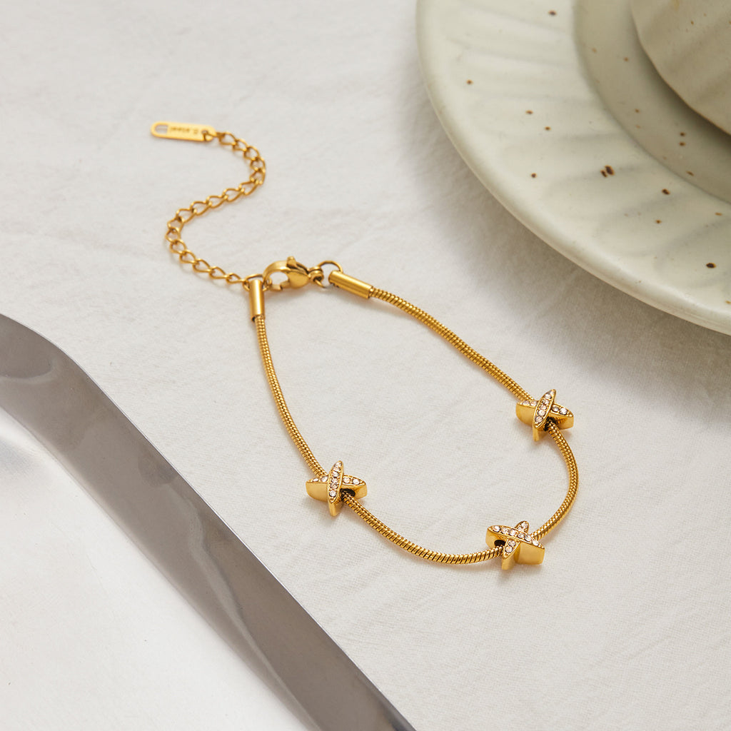18K gold stainless steel diamond X bracelet