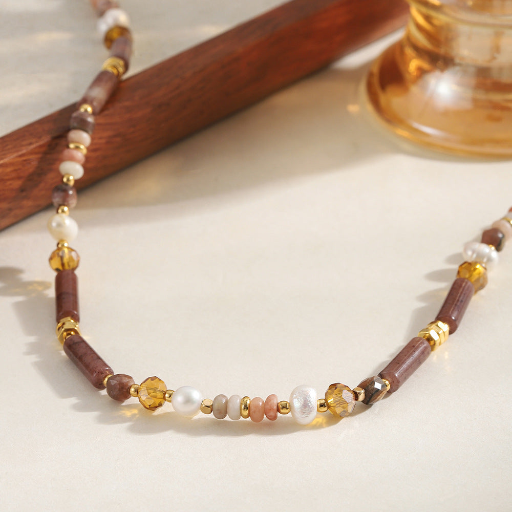 Colored natural stone crystal freshwater pearl handcrafted beaded necklace