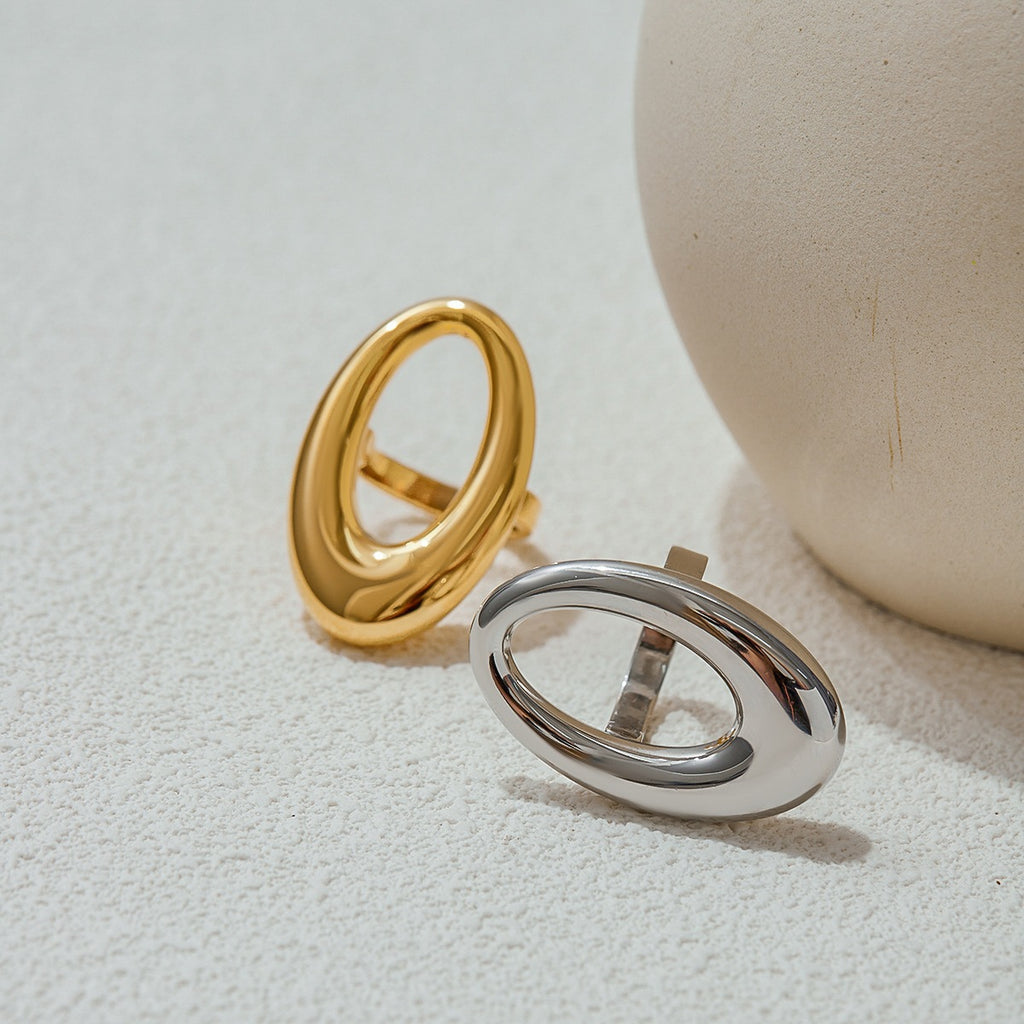 Stainless steel geometric oval hollowed-out ring