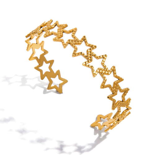 Stainless steel 18K gold hammer pattern hollowed-out five-pointed star opening bracelet