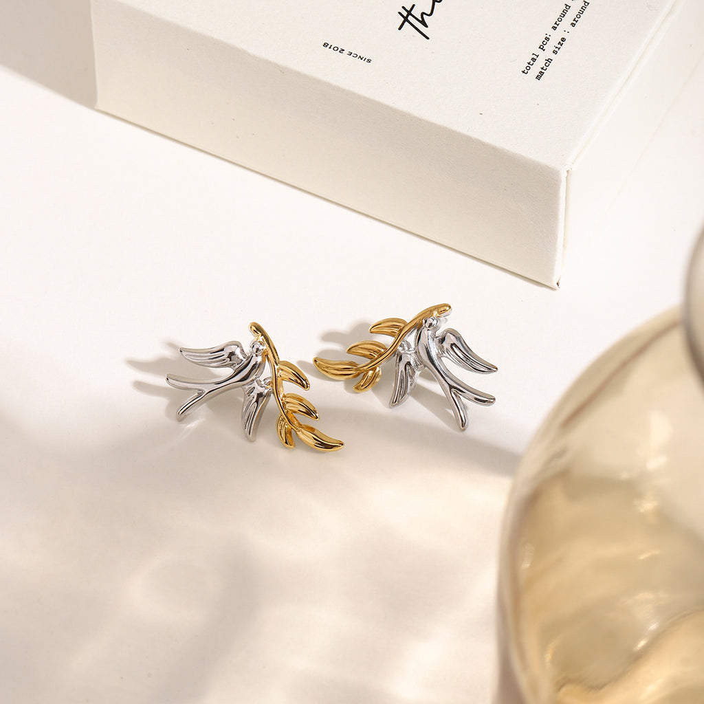 Stainless steel gold and silver color-matched dove leaf earrings