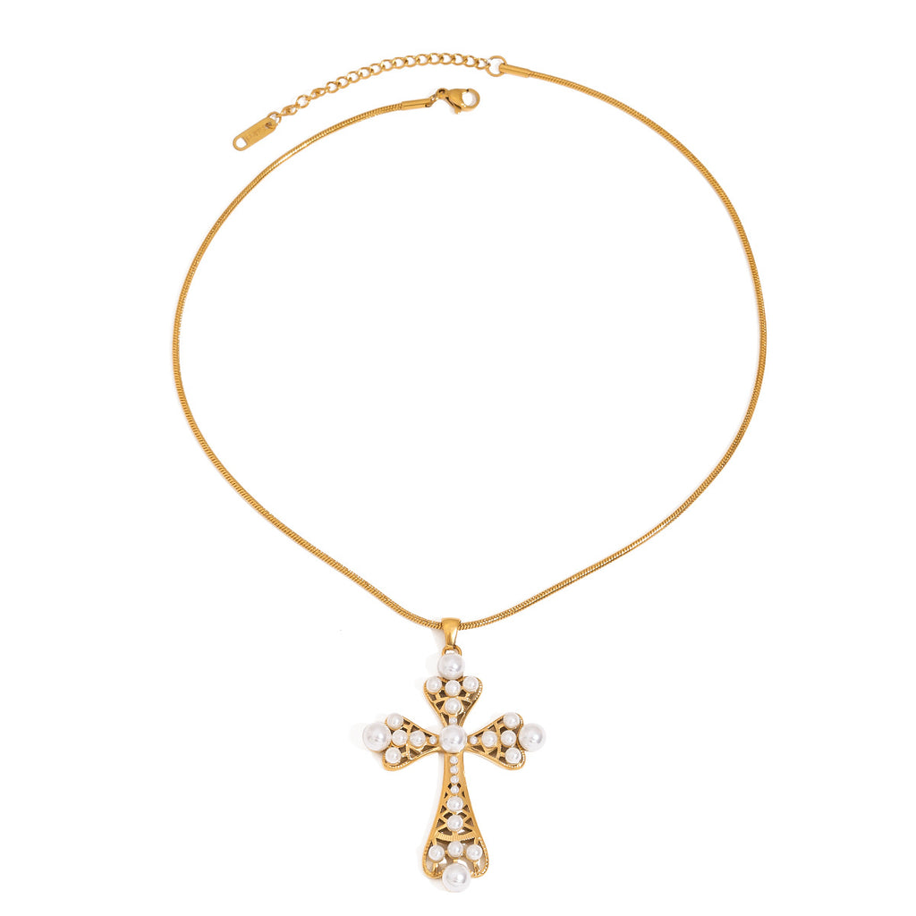 Stainless steel pearl style hollowed-out cross pendant necklace