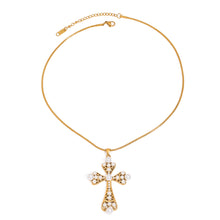 Load image into Gallery viewer, Stainless steel pearl style hollowed-out cross pendant necklace