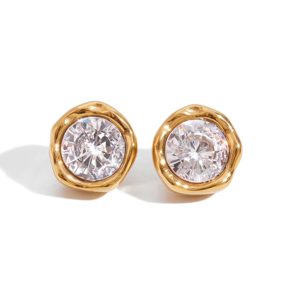 18K gold stainless steel round white zircon earrings