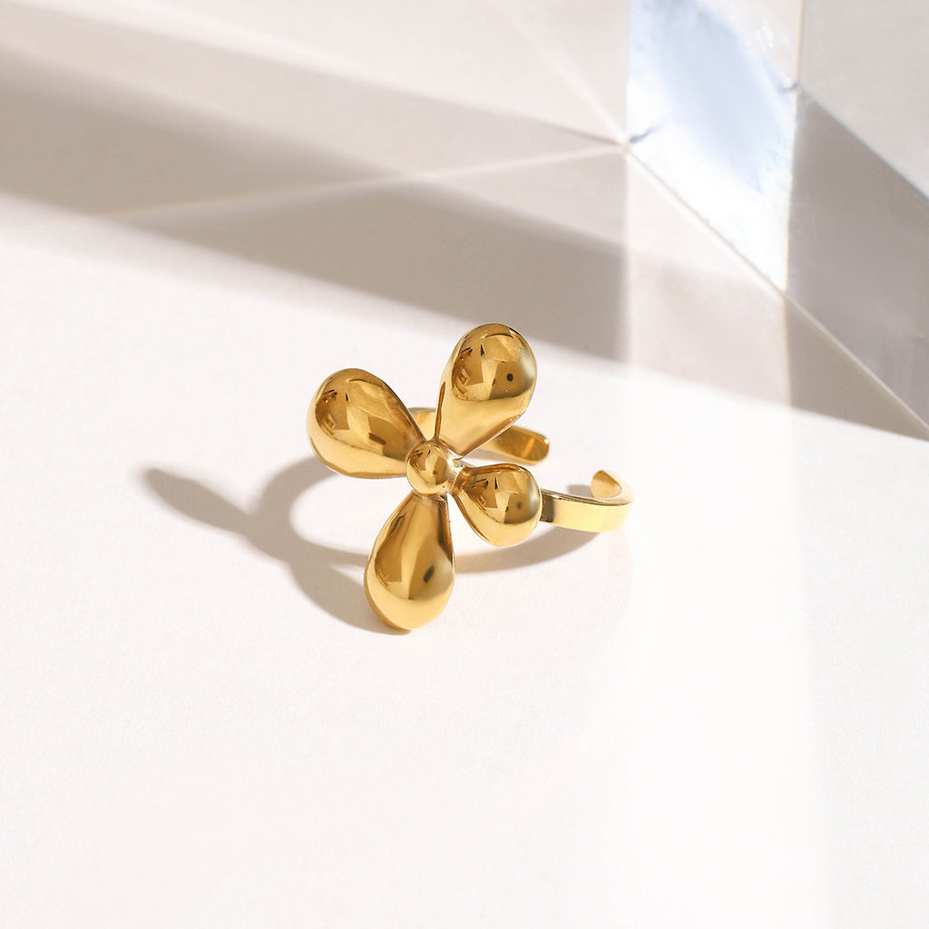 18K gold stainless steel smooth flower four-petal flower opening ring