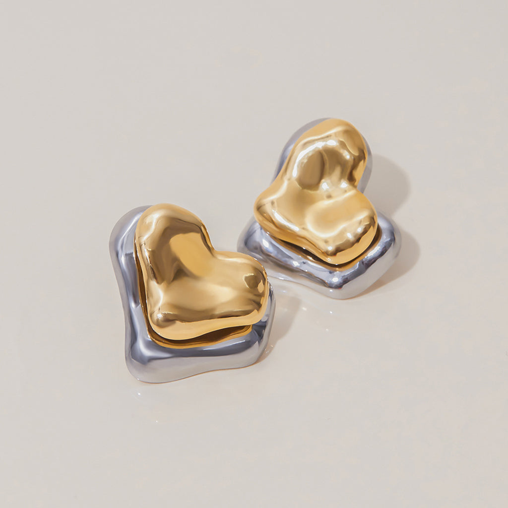 Stainless steel gold and silver color-matched heart-shaped earrings