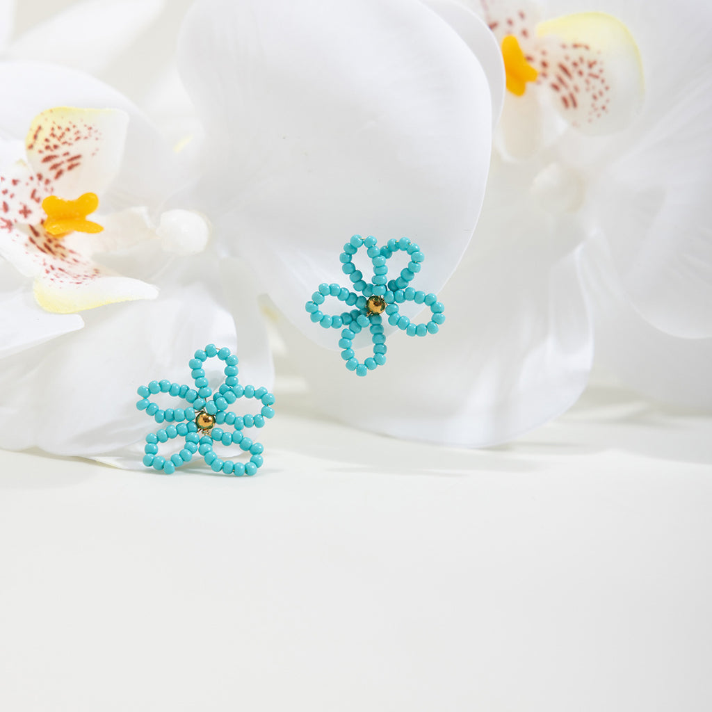 Stainless steel blue rice bead flower earrings