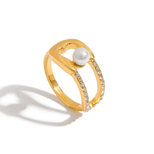 18K gold stainless steel pearl diamond-encrusted ring