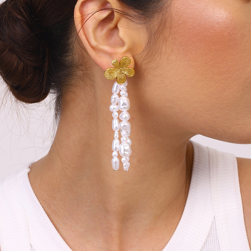 Stainless steel imitation pearl beaded tassel earrings