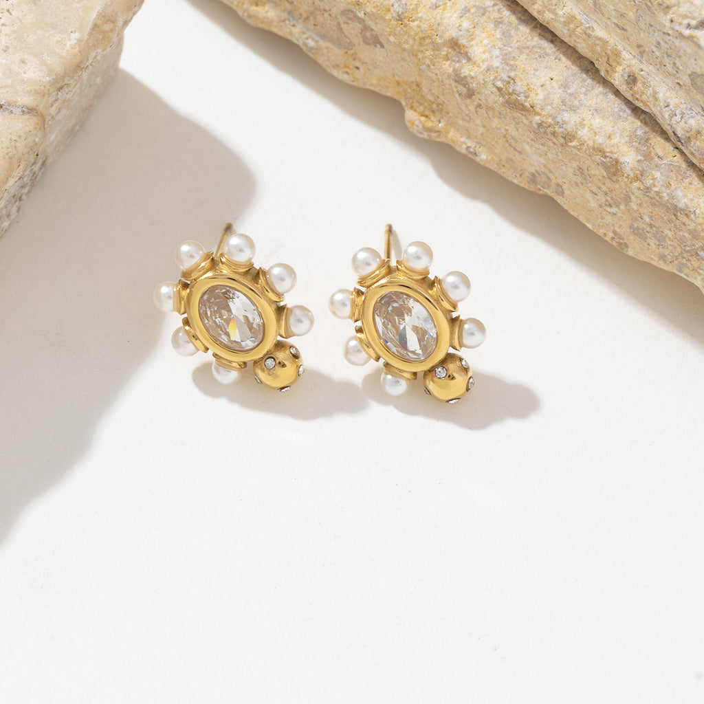 Golden stainless steel pearl earrings