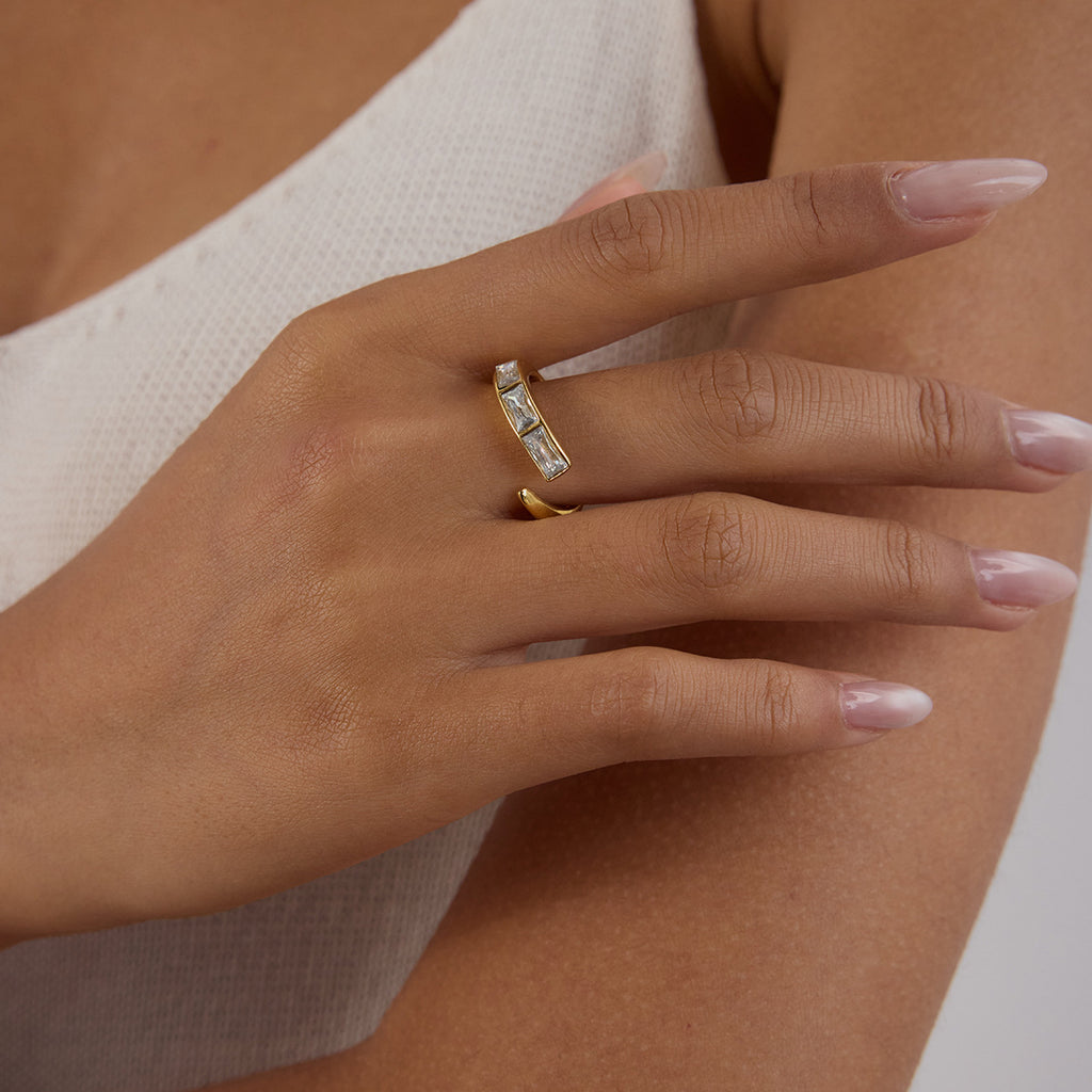 18K gold stainless steel square zircon irregular opening ring