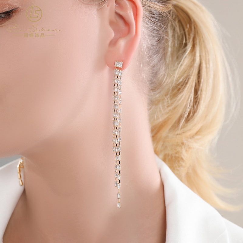 925 silver needle and diamond-encrusted tassel long earrings