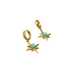 Load image into Gallery viewer, Octagonal star inlaid with turquoise and gilded brass ear buckles