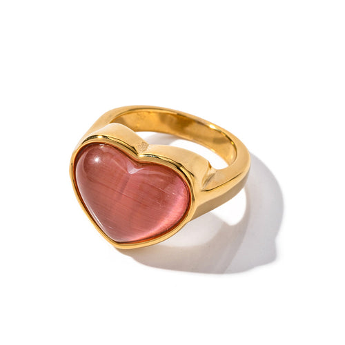 18K gold heart-shaped pink cat's eye stainless steel ring