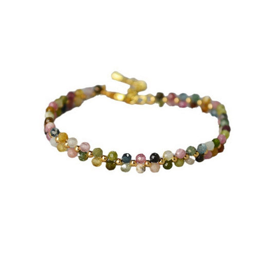 Colorful tourmaline natural stone woven flower beaded bracelet