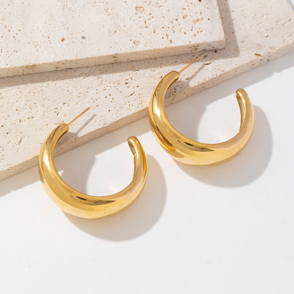 18K gold stainless steel smooth C-shaped earrings