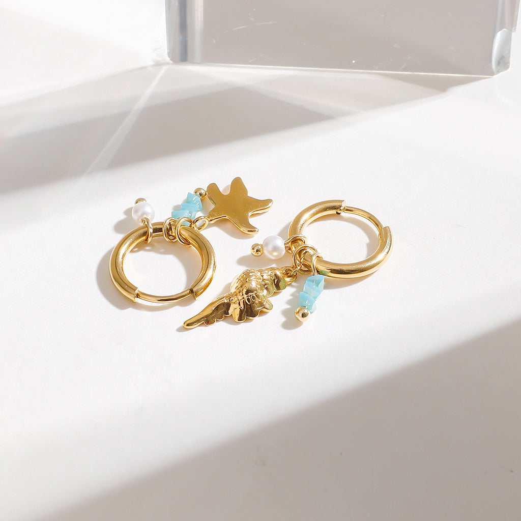 Crushed stone starfish conch pearl pendant earrings