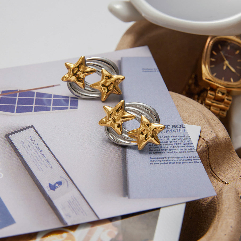 Stainless steel gold and silver color-matched five-pointed star stud earrings