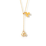 Stainless steel gold-plated natural mother-of-pearl heart-shaped three-leaf flower pendant, pull-out adjustable necklace, collarbone chain