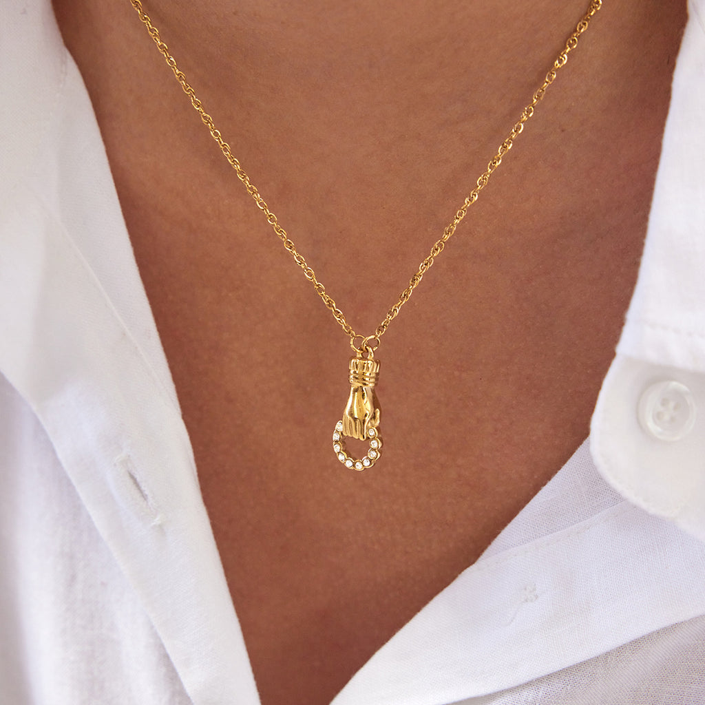 18K gold stainless steel white rhinestone Friendship hand round hollow pendant necklace