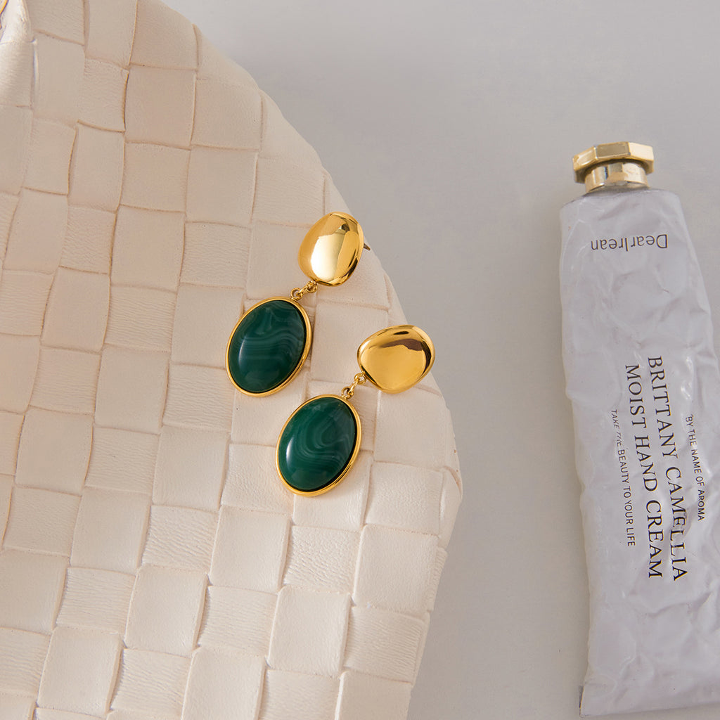 Stainless steel green resin pendant earrings