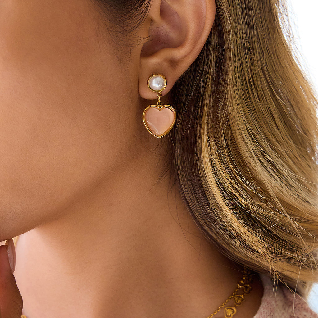 Stainless steel electroplated 18K gold pearl pink cat's eye stone earrings