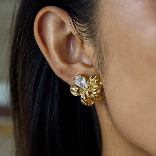 Golden stainless steel flower white zircon earrings and stud earrings
