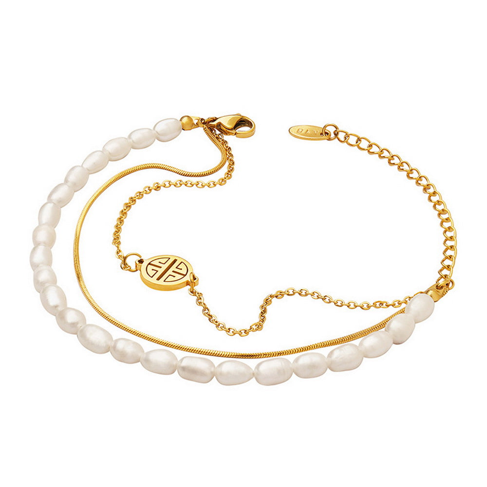 Stainless steel three-layer round plate freshwater pearl beaded bracelet