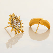 Load image into Gallery viewer, 18K gold stainless steel moon and sun earrings with white diamonds