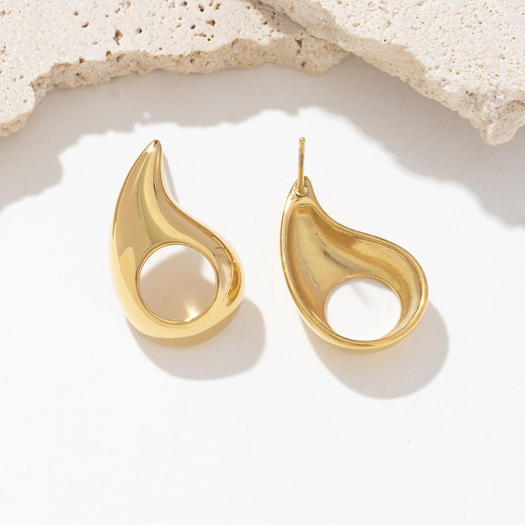 Golden stainless steel perforated teardrop earrings