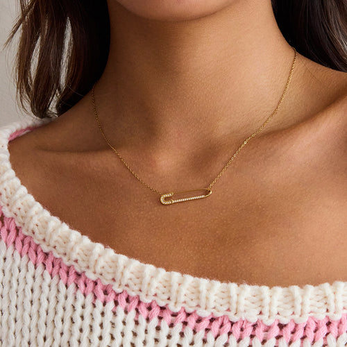 Golden stainless steel white diamond paperclip necklace