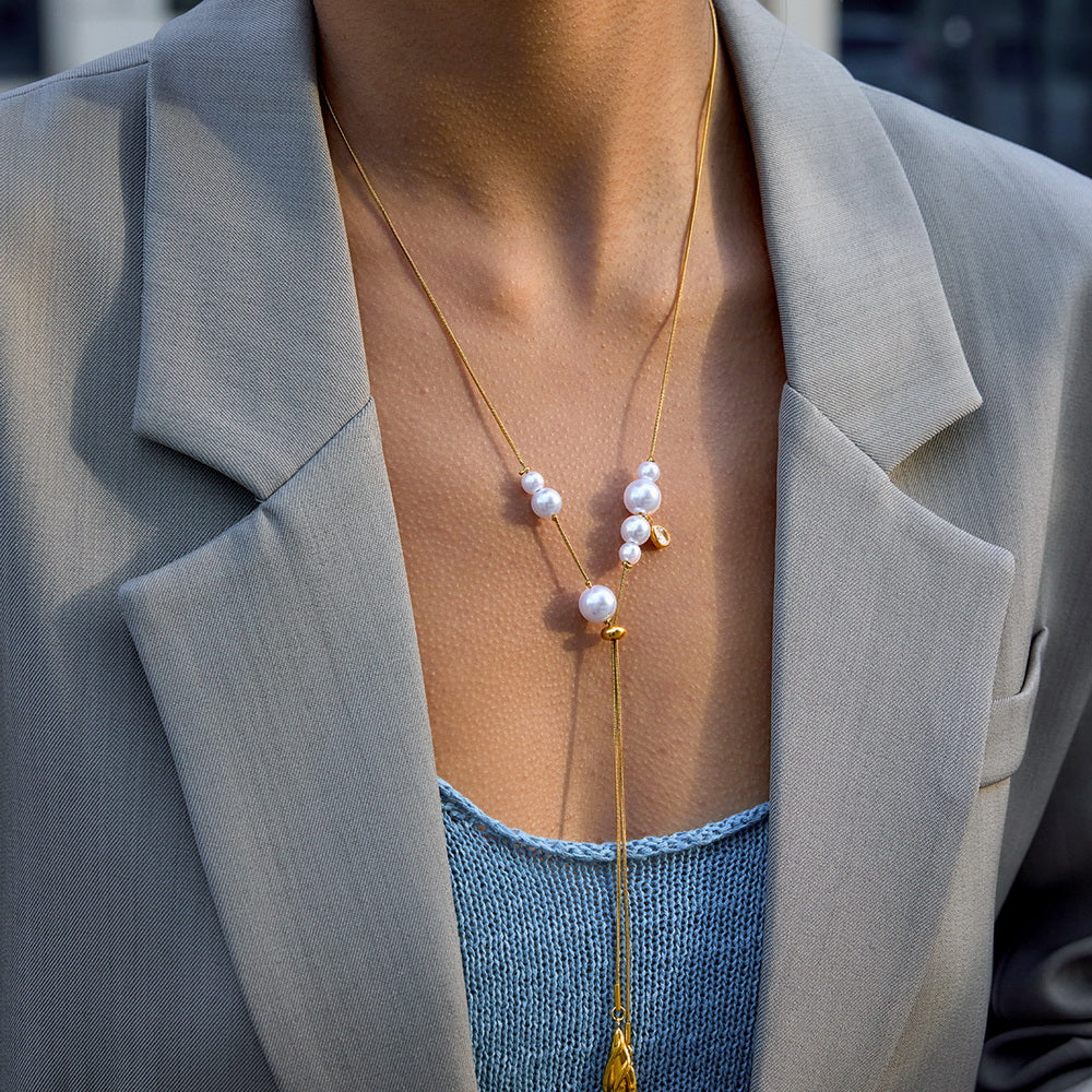 Imitation pearl stainless steel chain pendant necklace sweater chain