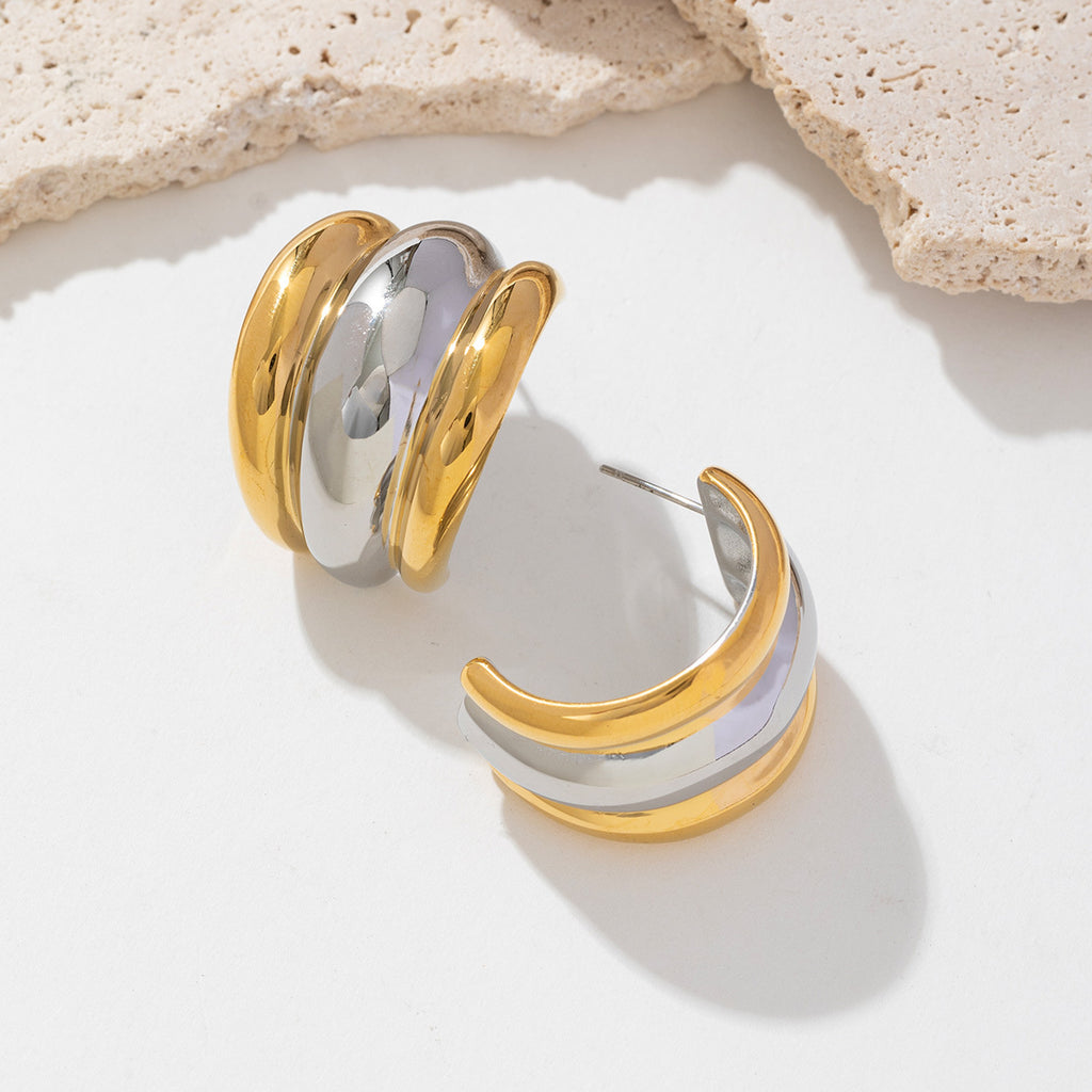 Stainless steel, gold and silver bicolored C-shaped smooth earrings