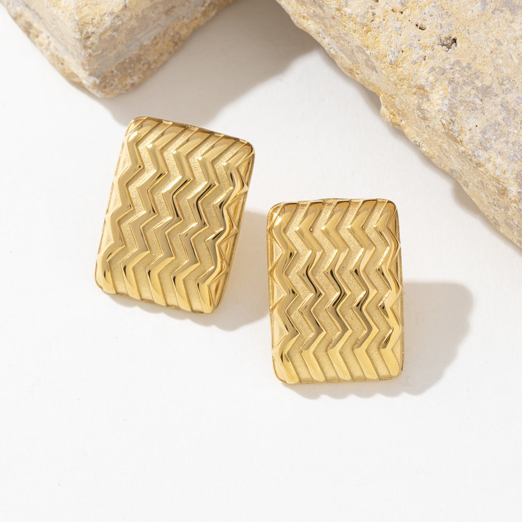 Stainless steel golden square wavy brushed earrings