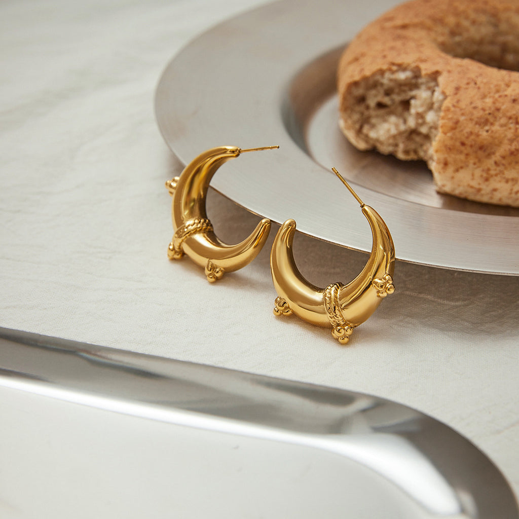 Golden stainless steel moon earrings